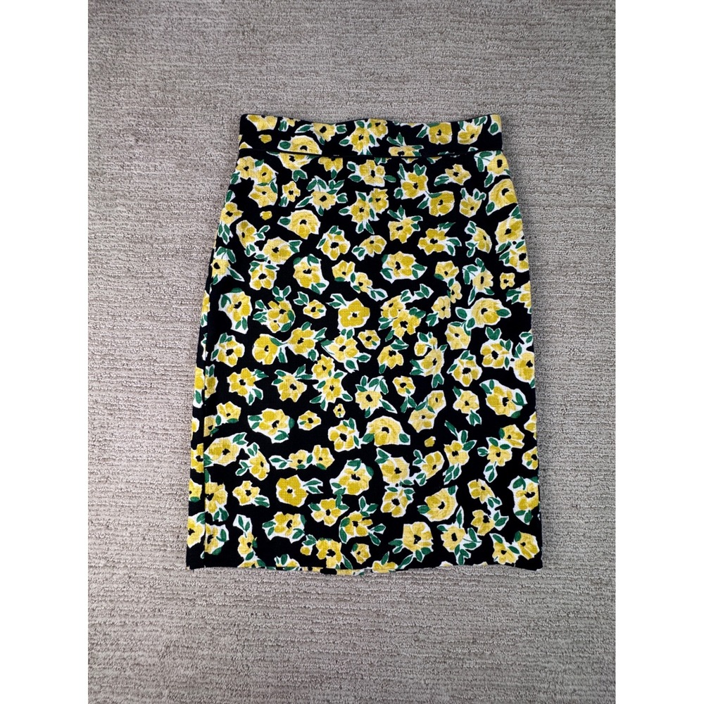Ann Taylor Floral Pencil Skirt Yellow Green Black Textured Cotton Blend Size 4